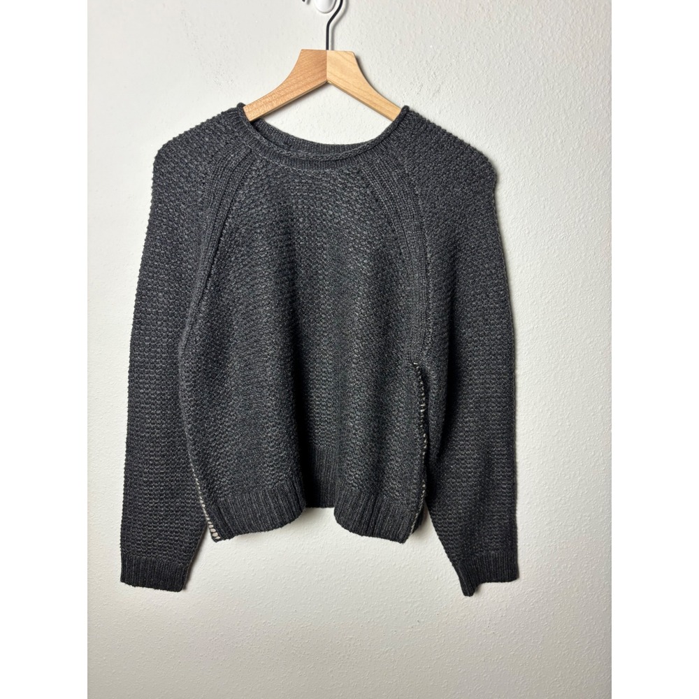 Prana Cades Cove Sweater Gray Merino Wool Blend Whipstitch Knit Womens Medium